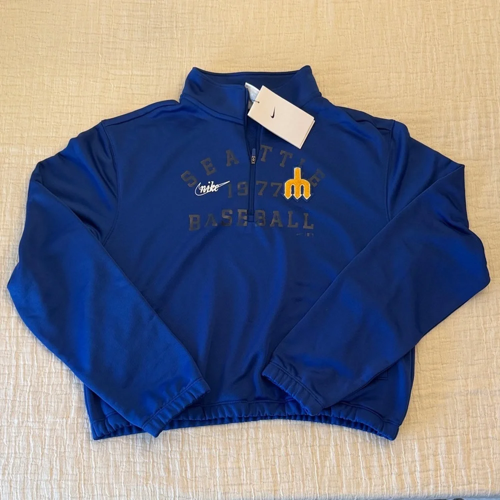 New! Women's Royal Seattle Mariners Rewind Splice Half-Zip Sweatshirt, sz M - Picture 2 of 9